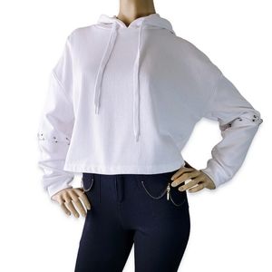 INNY White Hooded Cropped Sweater With Split Grommet Sleeve Detail